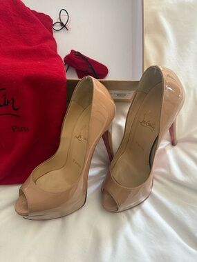 Christian Louboutin Nude Patent Peep-Toe Pumps with Red Soles